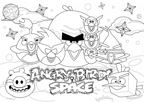 Dibujo para colorear de angry birds space : los protagonistas del espacio reunidos