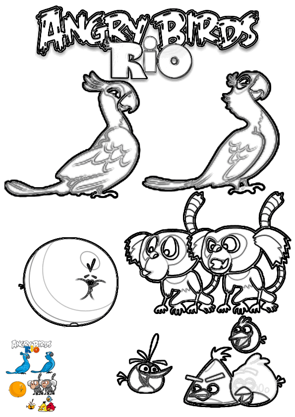 Dibujo para colorear de Angry Birds Rio: Imagen de perfil de los Pájaros y monos Tities