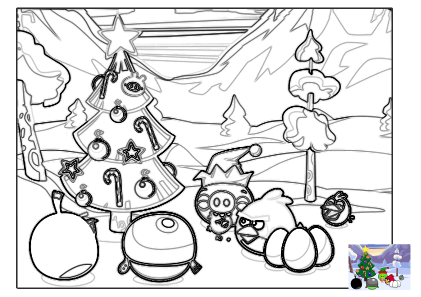Dibujo para colorear de Angry Birds Seasons: La comunidad se reune junto al árbol