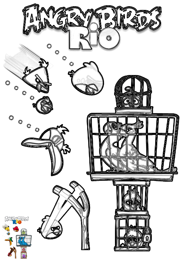 Dibujo para colorear de Angry Birds Rio: Los Angry Birds liberando a todos los pájaros encerrados