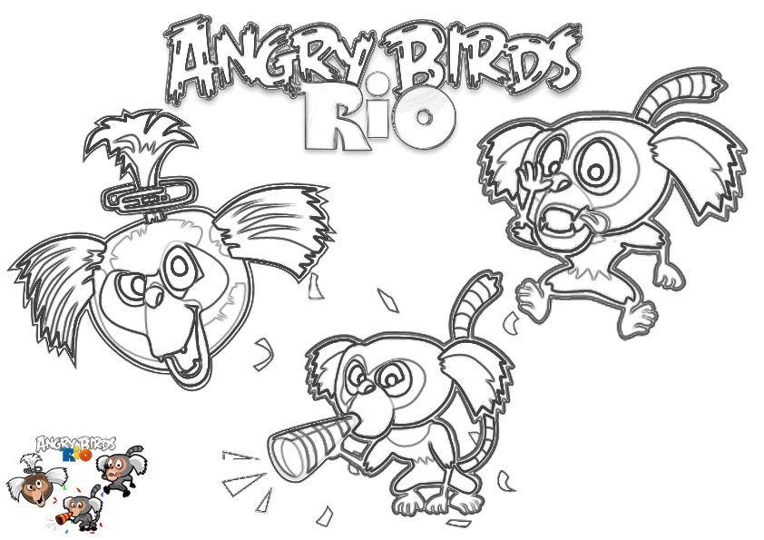 Dibujo para colorear de Angry Birds Rio: Los monos titíes haciendo travesuras