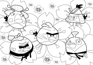 Dibujo para colorear de Angry Birds Seasons: Los pájaros disfrazados de Japoneses en flores de Cerezo