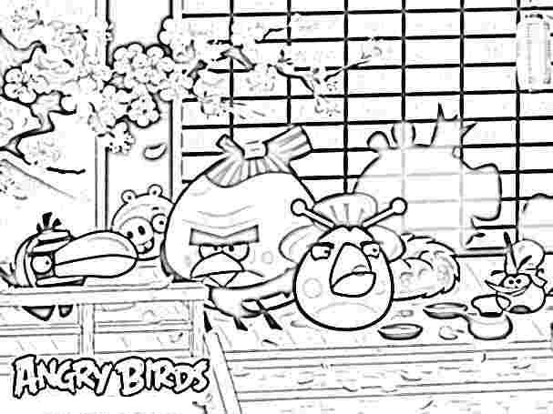 Dibujo para colorear de Angry Birds Seasons: Matilda y los demás tomando el te en el porche de la casa