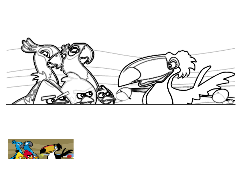 Dibujo para colorear de Angry Birds Rio: Perla, Blu y los Angry Birds escuchan a Rafael
