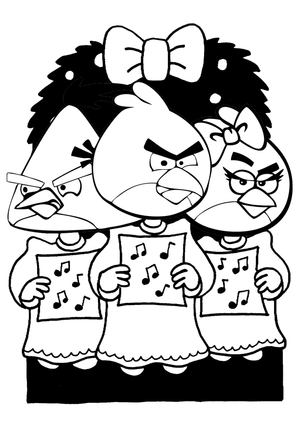 Dibujo para colorear de Angry Birds Seasons: Pájaro Amarillo, Red y su novia cantando villancicos