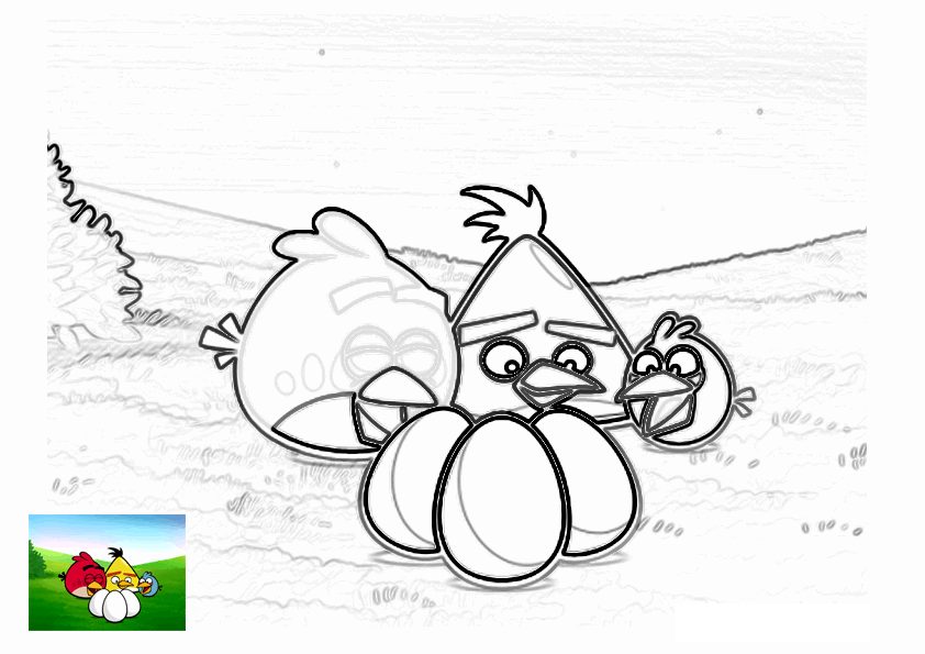 Dibujos para colorear de Angry Birds: Red, Chuck y Blue al rededor de los huevos