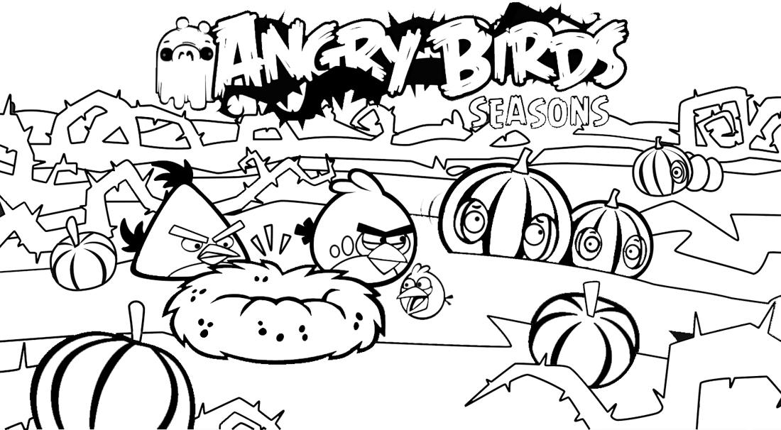 Dibujo para colorear de Angry Birds Seasons: Red, Pájaro amarillo y azul entre calabazas